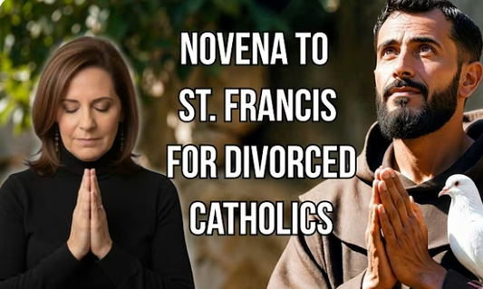 Graphic reading 'Novena to St. Francis for Divorced Catholics' with a woman praying and a bearded friar in a brown habit holding a white dove