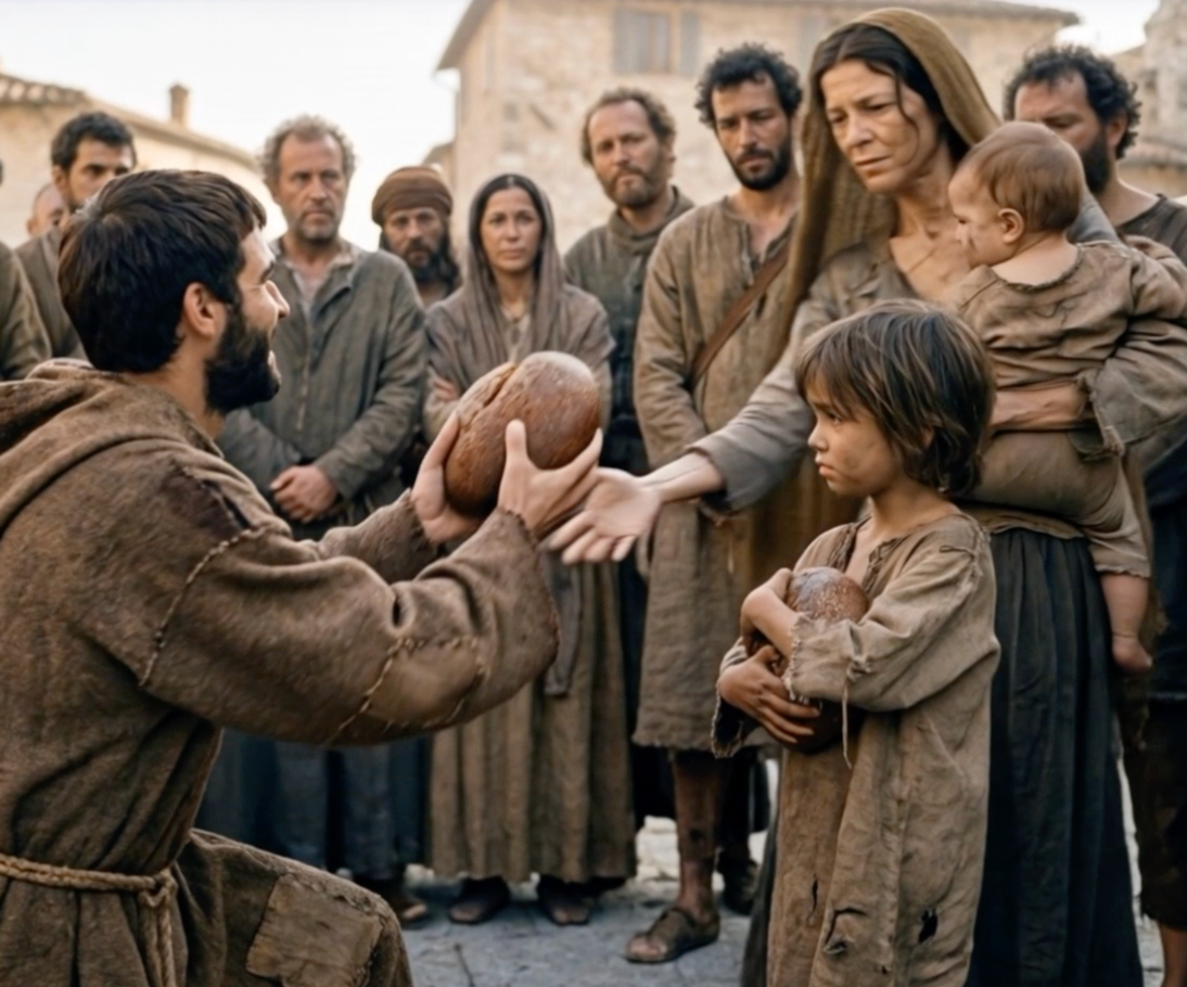 Illustration of a bearded man in a brown robe handing bread to a mother and children in a crowd, representing St. Francis serving the poor