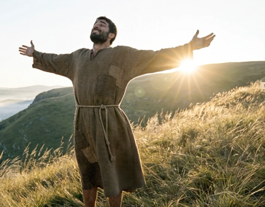A man in a brown robe standing with open arms on a grassy hilltop at sunrise