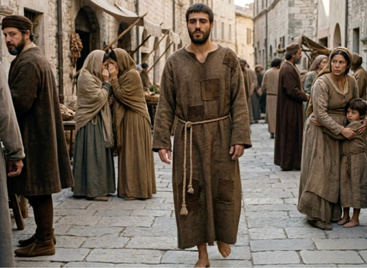A man in a brown robe walking down a medieval street as townspeople watch