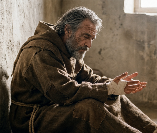 An elderly man in a brown habit sitting with his head bowed and hands clasped in a stone room