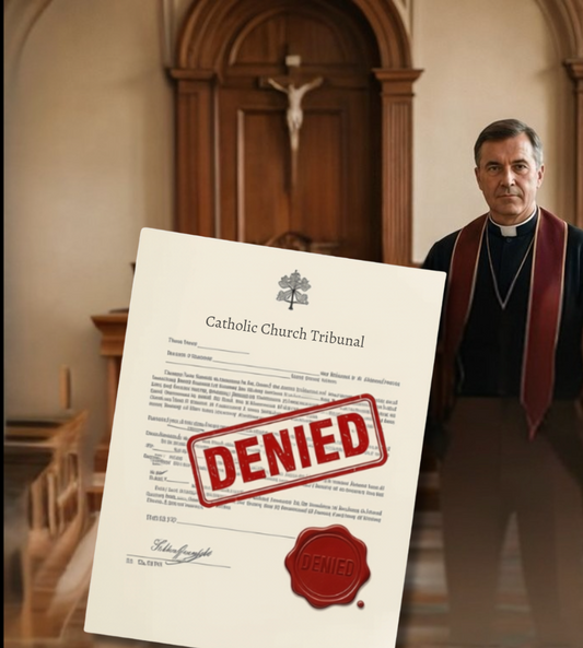 A priest standing beside a large document stamped 'Denied' from a Catholic Church Tribunal, in a church sanctuary