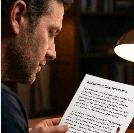 A man reading a document titled Annulment Questionnaire by lamplight