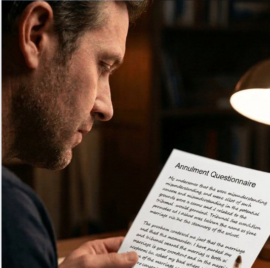 A man reading a document titled Annulment Questionnaire by lamplight