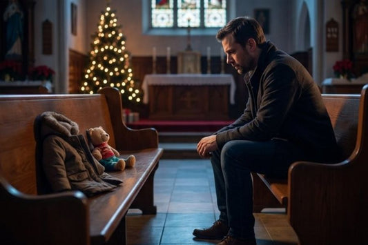 A man sitting alone with his head bowed in a church pew beside a lit Christmas tree
