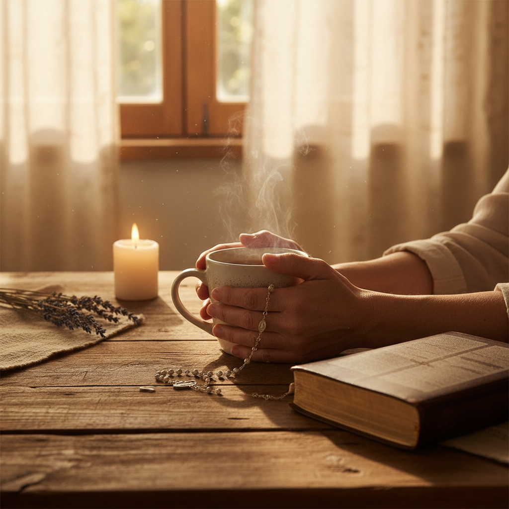 Hands cradling a warm cup of tea beside an open Bible in soft morning light, evoking faith, hope, and quiet reflection
