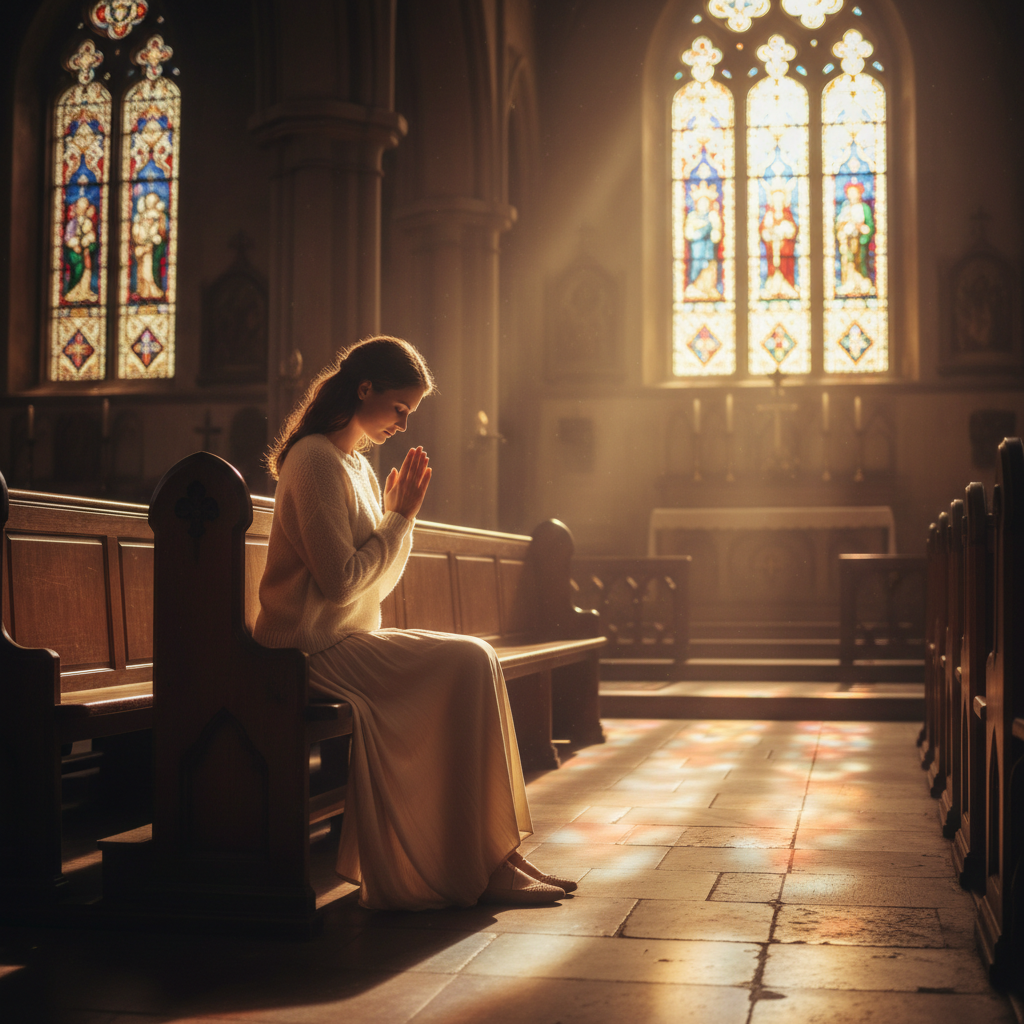 A woman in quiet prayer in a sunlit church pew with warm stained glass light, evoking peace and hope after heartbreak