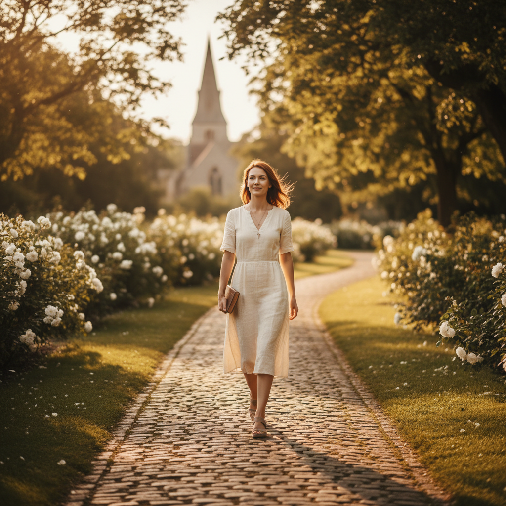 A woman walking confidently along a sunlit park path with golden light through the trees, evoking hope, new beginnings, and quiet faith