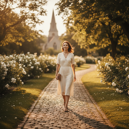 A woman walking confidently along a sunlit park path with golden light through the trees, evoking hope, new beginnings, and quiet faith
